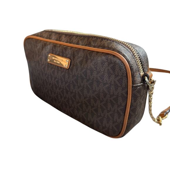 Michael Kors Jet Set Brown MK Signature Crossbody Bag Leather Trim Gold Hardware - Picture 4 of 13
